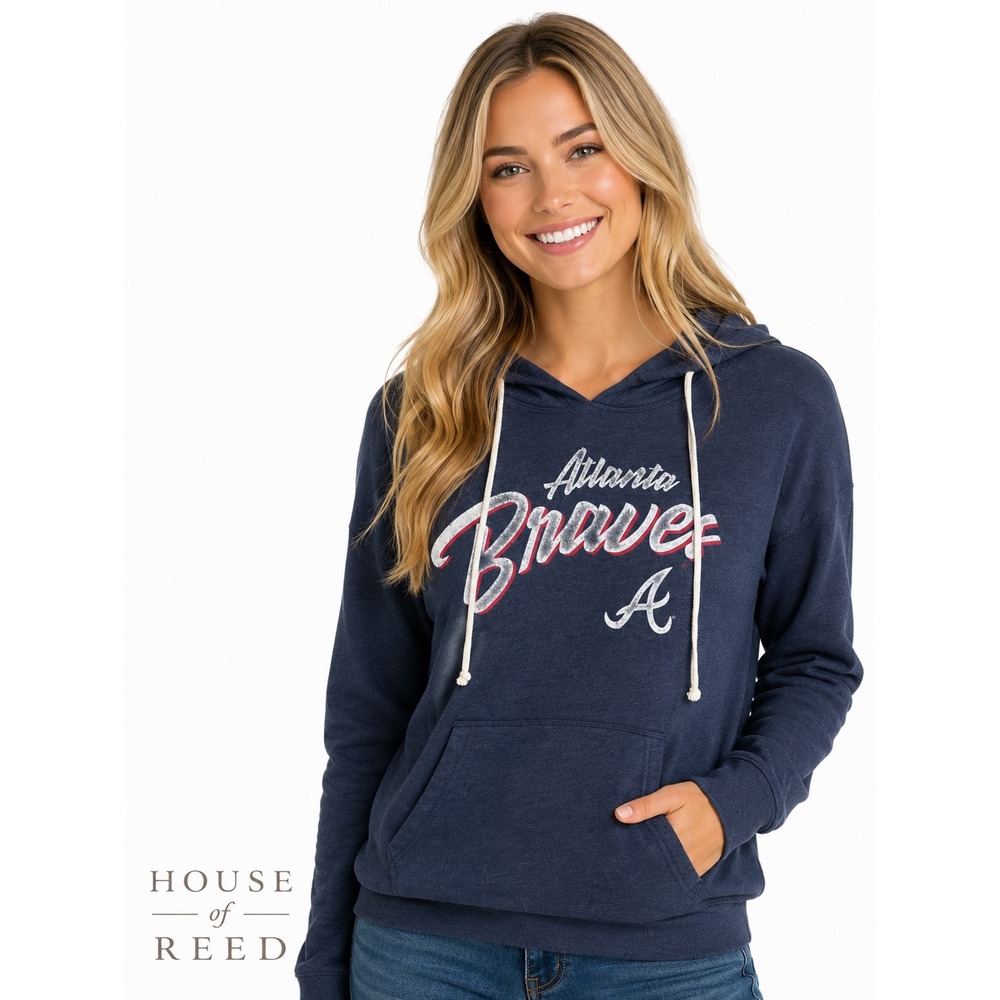 47 Brand Atlanta Braves Hoodie Womens Medium Navy Blue Distressed Graphic MLB